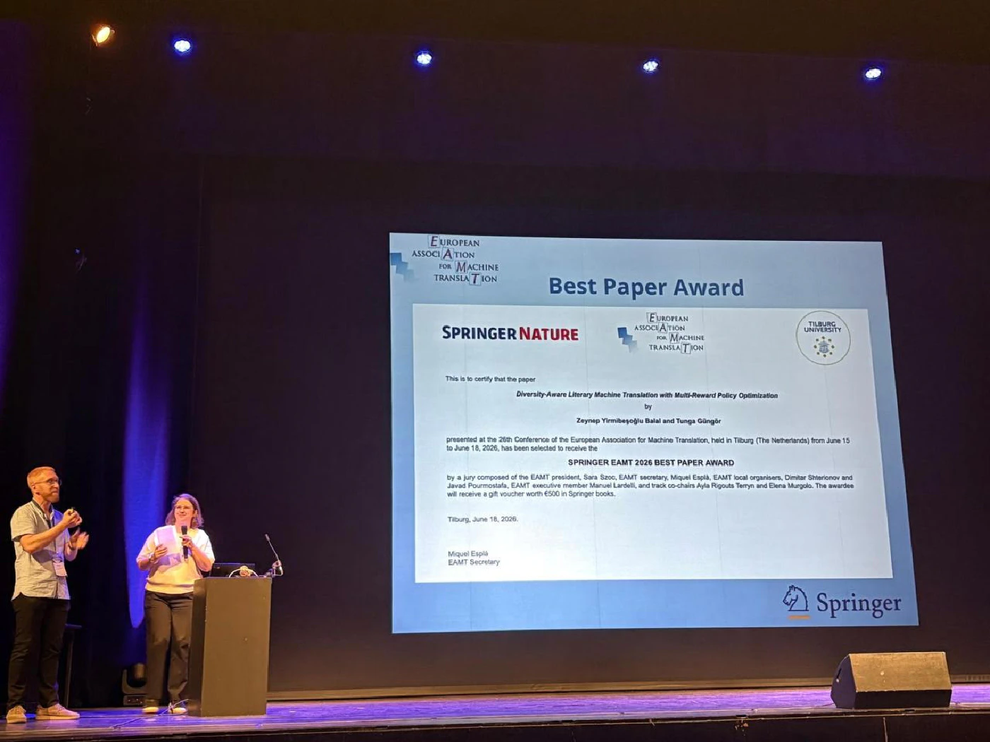 Best Paper Award for Our Student Zeynep Yirmibeşoğlu Balal and Her Advisor Prof. Dr. Tunga Güngör at EAMT 2026